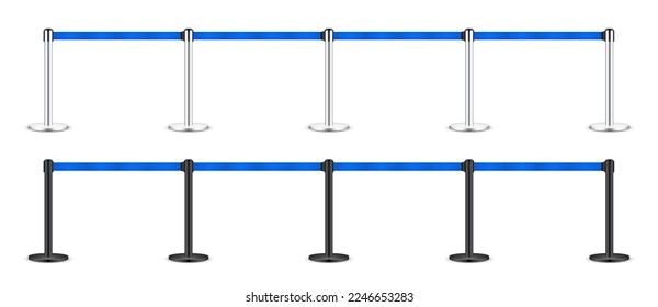 Realistic blue retractable belt stanchion. Crowd control barrier posts with caution strap. Queue lines. Restriction border and danger tape. Attention, warning sign. Vector illustration