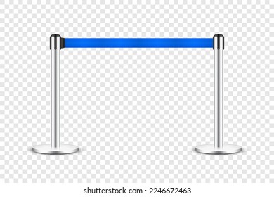 Realistic blue retractable belt stanchion. Crowd control barrier posts with caution strap. Queue lines. Restriction border and danger tape. Attention, warning sign. Vector illustration