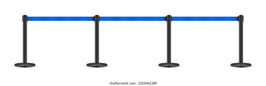 Realistic blue retractable belt stanchion. Crowd control barrier posts with caution strap. Queue lines. Restriction border and danger tape. Attention, warning sign. Vector illustration