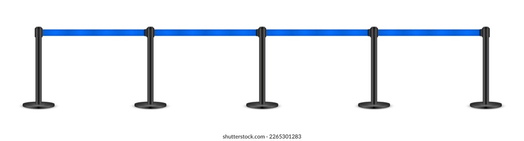 Realistic blue retractable belt stanchion. Crowd control barrier posts with caution strap. Queue lines. Restriction border and danger tape. Attention, warning sign. Vector illustration