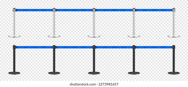 Estacionamiento retráctil azul realista del cinturón. Los puestos de control de multitudes con correa de precaución. Líneas de cola. Borde de restricción y cinta de peligro. Atención, señal de advertencia. Ilustración del vector