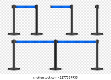 Realistic blue retractable belt stanchion. Crowd control barrier posts with caution strap. Queue lines. Restriction border and danger tape. Attention, warning sign. Vector illustration