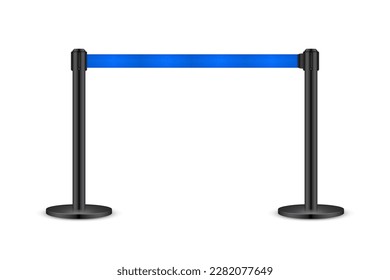 Realistic blue retractable belt stanchion. Crowd control barrier posts with caution strap. Queue lines. Restriction border and danger tape. Attention, warning sign. Vector illustration