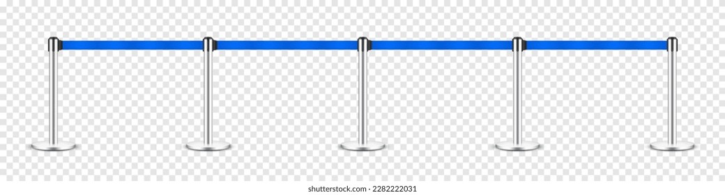 Realistic blue retractable belt stanchion. Crowd control barrier posts with caution strap. Queue lines. Restriction border and danger tape. Attention, warning sign. Vector illustration