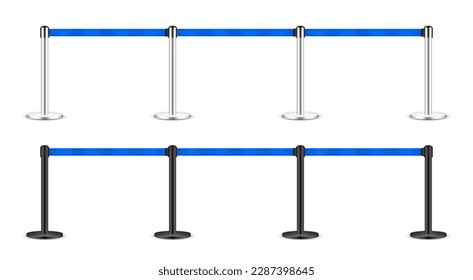 Realistisch blauer einziehbarer Gurt-Widerstand. Crowd-Control-Barriere-Pfosten mit Vorsicht Gurt. Warteschlangen. Restriktionsgrenze und Gefahrenband. Achtung, Warnzeichen. Vektorgrafik