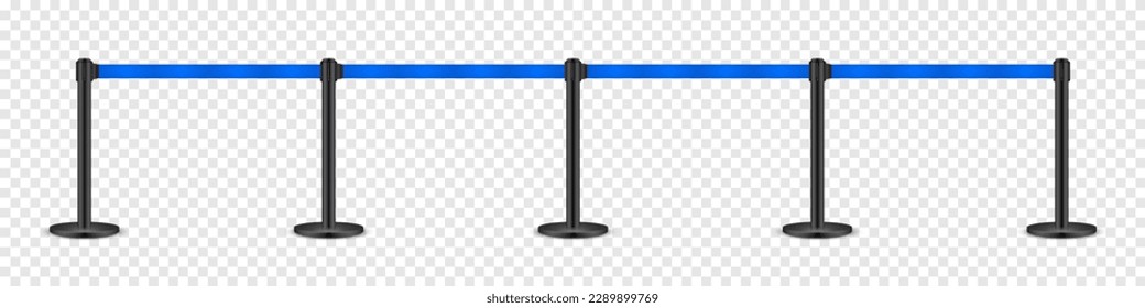 Realistic blue retractable belt stanchion. Crowd control barrier posts with caution strap. Queue lines. Restriction border and danger tape. Attention, warning sign. Vector illustration