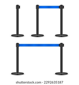 Realistic blue retractable belt stanchion. Crowd control barrier posts with caution strap. Queue lines. Restriction border and danger tape. Attention, warning sign. Vector illustration