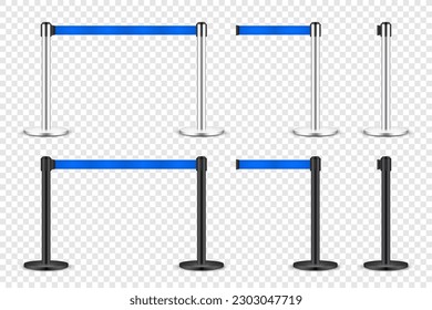 Realistic blue retractable belt stanchion. Crowd control barrier posts with caution strap. Queue lines. Restriction border and danger tape. Attention, warning sign. Vector illustration