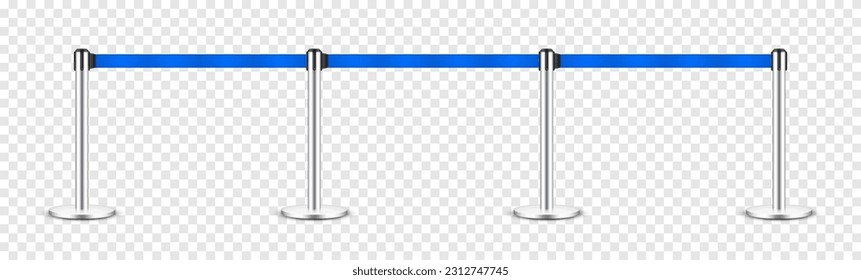 Realistic blue retractable belt stanchion. Crowd control barrier posts with caution strap. Queue lines. Restriction border and danger tape. Attention, warning sign. Vector illustration