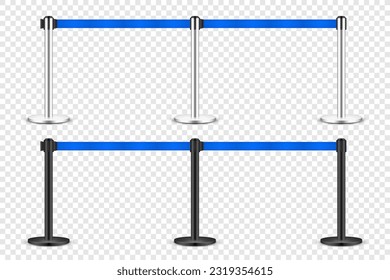 Realistic blue retractable belt stanchion. Crowd control barrier posts with caution strap. Queue lines. Restriction border and danger tape. Attention, warning sign. Vector illustration