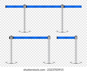 Realistic blue retractable belt stanchion. Crowd control barrier posts with caution strap. Queue lines. Restriction border and danger tape. Attention, warning sign. Vector illustration