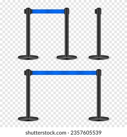 Realistic blue retractable belt stanchion. Crowd control barrier posts with caution strap. Queue lines. Restriction border and danger tape. Attention, warning sign. Vector illustration