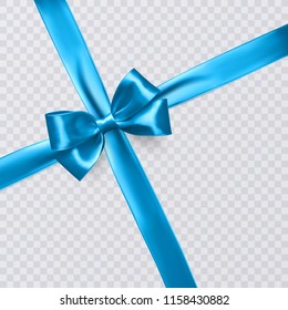 Realistic blue ribbon or bow on transparent background. Template poster, for greeting card or brochure. Vector illustration.