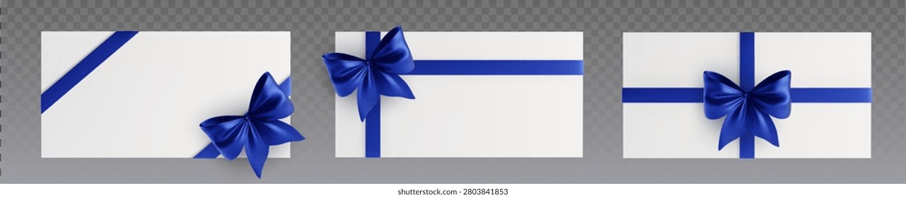Realistic blue ribbon bow on white gift box with shiny satin texture, vector set isolated on transparent background. Christmas cards, certificates, and festive celebration designs with elegant border