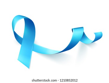 Realistic blue ribbon isolated over white background. Symbol of prostate cancer awareness month in nowember. Template for poster. Vector illustration.