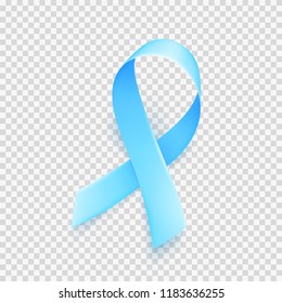 Realistic blue ribbon over transparent background, world prostate cancer day symbol in november, vector illustration. Template for poster for prostate cancer awareness month.