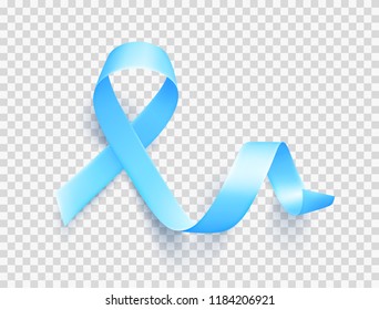 Realistic blue ribbon over transparent background, world prostate cancer day symbol in november, vector illustration. Template for poster for prostate cancer awareness month.