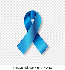 Cinta azul realista para el mes de la sensibilización sobre el cáncer de próstata, octubre. Banner médico brillante de seda, cinta 3d para prevenir la enfermedad de próstata masculina. Tratamiento de cáncer de colon. Tapa transparente, sombra. Vector