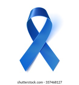 Realistic Blue Ribbon, Prostate Cancer Awareness Symbol, Isolated On White. Vector Illustration, Eps10.