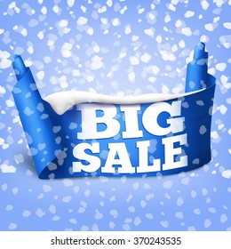 Realistic blue ribbon scroll with snow. Big sale concept. Vector illustration