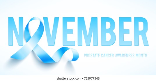Realistic blue ribbon, world prostate cancer day symbol in november, vector illustration. Poster for prostate cancer awareness month.