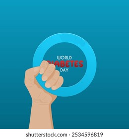 Realistic blue ring held in hand on blue background, suitable for World Diabetes Day poster