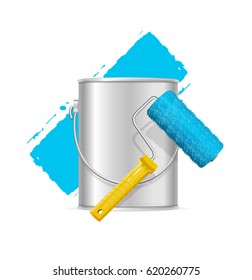 Realistic Blue Roller Brush and Template Can Tools for Renovation Home Work. Vector illustration