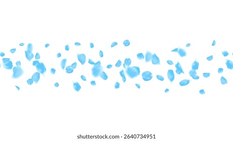 Realistic blue rose petals border banner seamless horizontal. flower petal floating decoration festive graphic. card