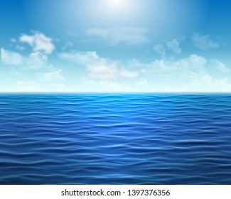 Realistic blue sea background with waves and sun on the sky. Backdrop for banner, brochure, flyer, advertising booklet