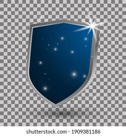 Realistic blue shield with glitter on a transparent background. Isolated 3d vector