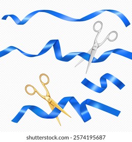 Realistic Blue Silk Ribbon Set with gold and silver scissors on white background.