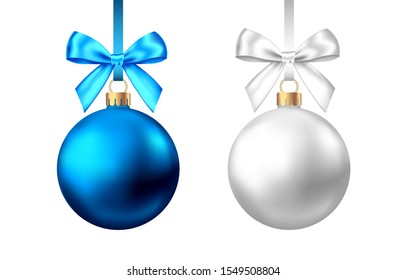 Realistic  blue, silver  Christmas  balls   with bow and ribbon isolated on white background. Vector  Xmas  tree decoration.