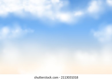 Realistic blue sky background. Fluffy clouds frame vector illustration. Abstract nature backdrop