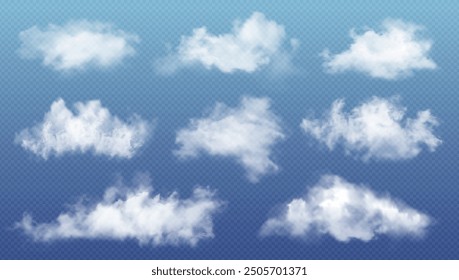 Realistic blue sky cloud with overlay texture, nature element, fire smoke, fog and summer weather symbol collection on transparent background. Food smoky pattern, fluffy cloud silhouette or cyberspace