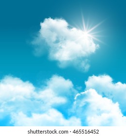 Realistic blue sky with clouds composition rays of sun peek out from behind the clouds vector illustration