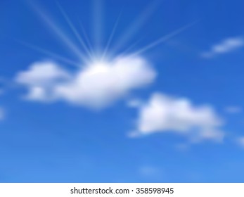 Realistic blue sky with clouds and sun. Vector illustration