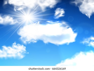 Realistic blue sky with fluffy clouds. Vector illustration.