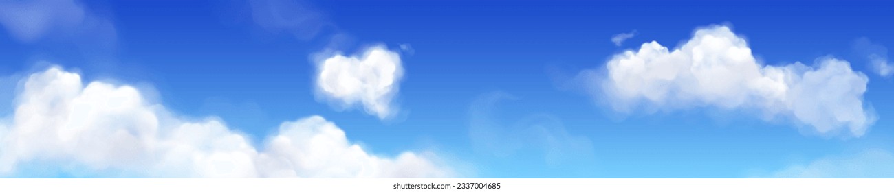 Realistic blue sky with white clouds. Vector illustration of abstract vapor floating in air, heavenly background, beautiful cloudscape on sunny day, summer weather. Airline travel banner backdrop