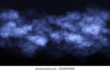 Realistic blue smoke clouds background. Abstract mist, magical fog texture on dark transparent background.