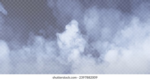 Vapor de humo azul realista. Pantalla de humo vectorial sobre un fondo transparente.