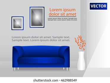 Realistic blue sofa with flowers in a pot and painting interior. Modern living room. Template. Vector illustration.