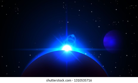 Realistic blue solar eclipse on  dark abstract background. Black open space with a star shining from behind a planet, igniting its horizon. Round black placeholder for your text. Copyspace vector eps
