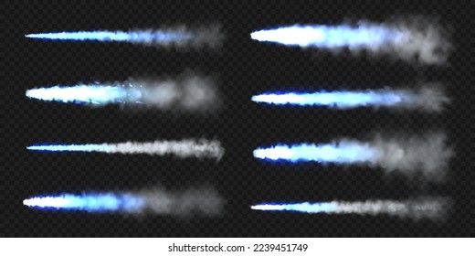 Realistic blue space rocket trails. Festive fireworks launch. Fire burst, explosion. Missile or bullet trail. Jet aircraft tracks. Smoke clouds, fog. Steam flow. Vector illustration