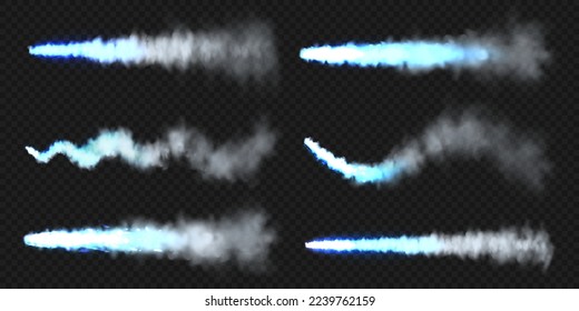 Realistic blue space rocket trails. Festive fireworks launch. Fire burst, explosion. Missile or bullet trail. Jet aircraft tracks. Smoke clouds, fog. Steam flow. Vector illustration