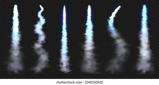 Realistic blue space rocket trails. Festive fireworks launch. Fire burst, explosion. Missile or bullet trail. Jet aircraft tracks. Smoke clouds, fog. Steam flow. Vector illustration
