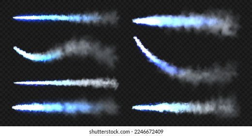 Realistic blue space rocket trails. Festive fireworks launch. Fire burst, explosion. Missile or bullet trail. Jet aircraft tracks. Smoke clouds, fog. Steam flow. Vector illustration
