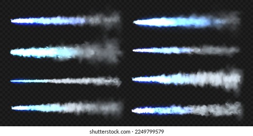 Realistic blue space rocket trails. Festive fireworks launch. Fire burst, explosion. Missile or bullet trail. Jet aircraft tracks. Smoke clouds, fog. Steam flow. Vector illustration