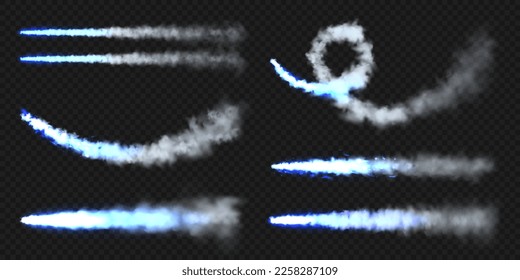 Realistic blue space rocket trails. Festive fireworks launch. Fire burst, explosion. Missile or bullet trail. Jet aircraft tracks. Smoke clouds, fog. Steam flow. Vector illustration