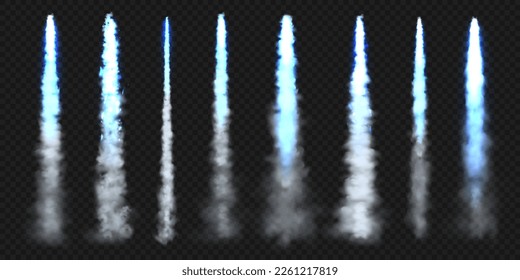 Realistic blue space rocket trails. Festive fireworks launch. Fire burst, explosion. Missile or bullet trail. Jet aircraft tracks. Smoke clouds, fog. Steam flow. Vector illustration