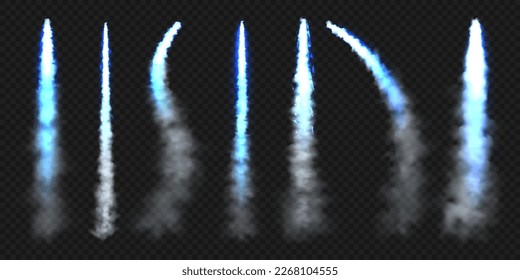 Realistic blue space rocket trails. Festive fireworks launch. Fire burst, explosion. Missile or bullet trail. Jet aircraft tracks. Smoke clouds, fog. Steam flow. Vector illustration